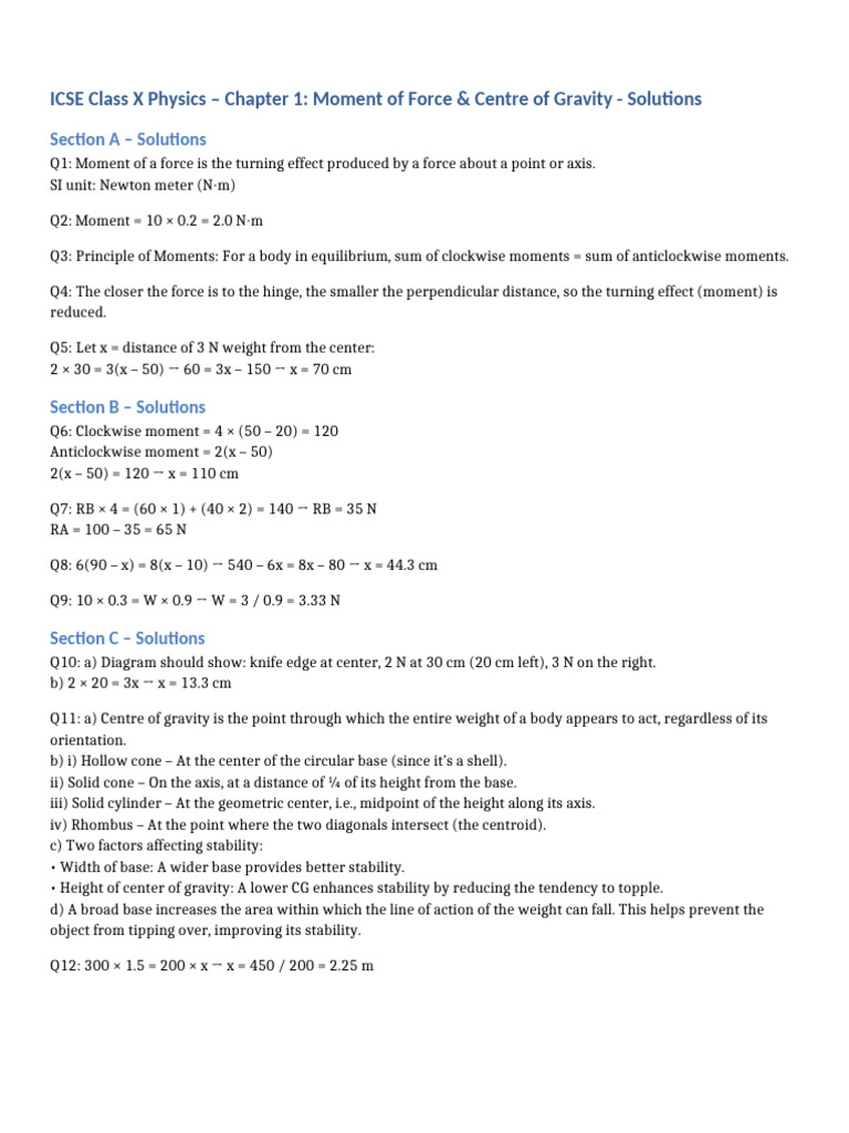 ICSE Class X Physics Moment of Force Solutions | PDF