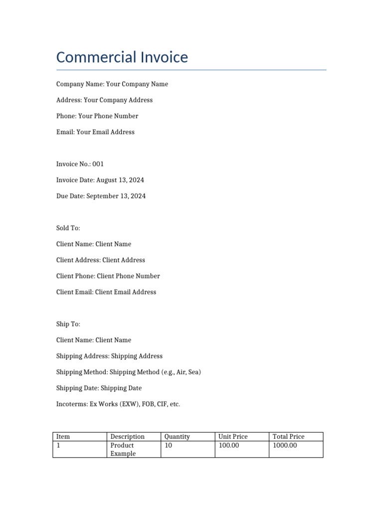 Commercial Invoice Template Example | PDF