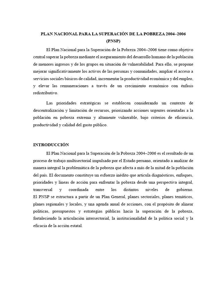 Plan Nacional Para La Superación de La Pobreza. (1) | PDF | Pobreza ...