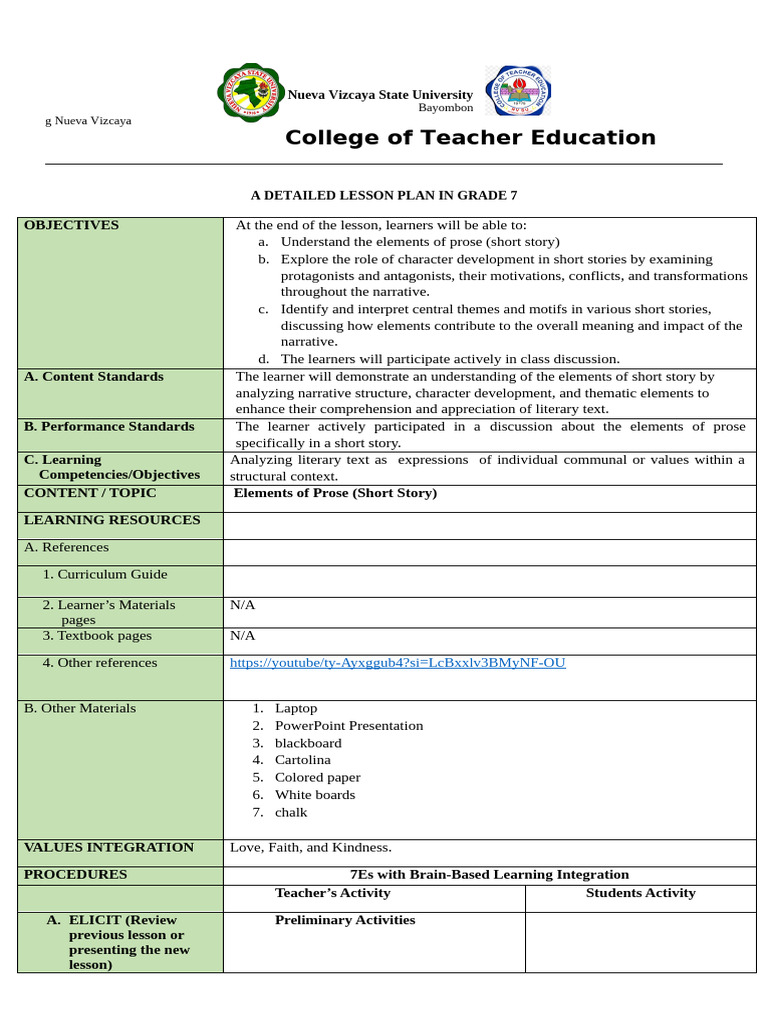 Grade 7 Lesson Plan: Elements of Prose | PDF | Narrative | Learning