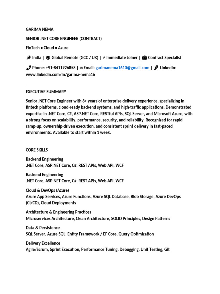 Senior .NET Core Engineer Resume | PDF | Microsoft Azure | Entity Framework