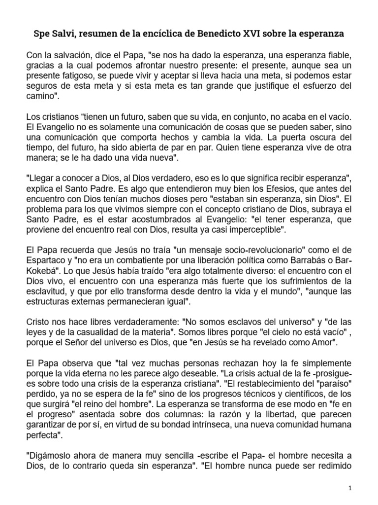 Spe Salvi, Resumen de La Encíclica de Benedicto XVI Sobre La Esperanza ...