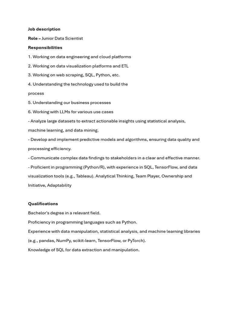 Junior Data Scientist Job Description | PDF