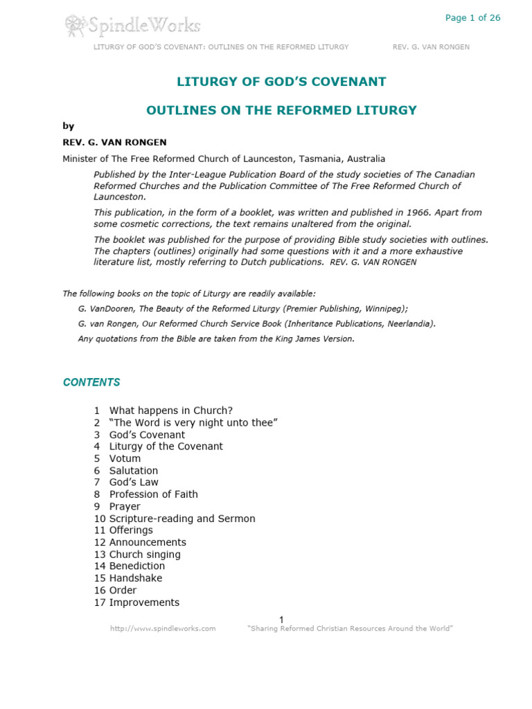 Reformed Liturgy Outlines by Van Rongen | PDF | Covenant Theology ...
