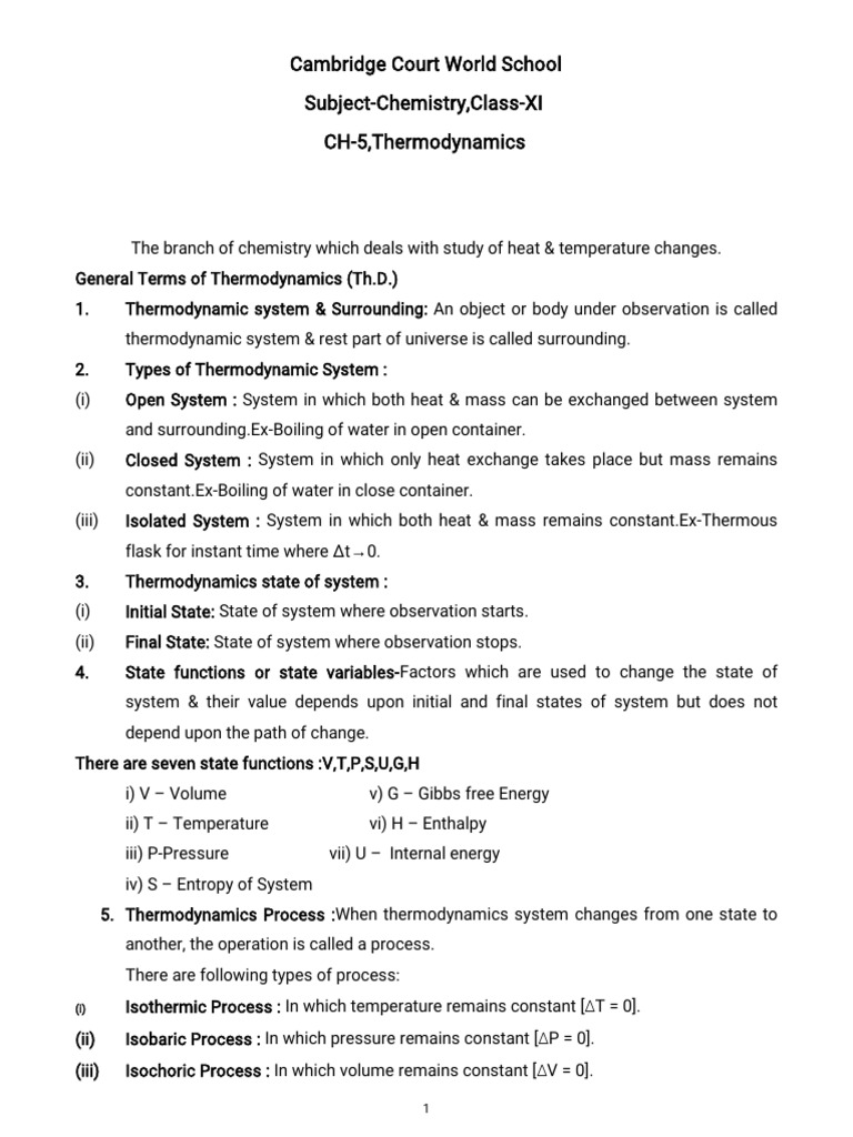 Thermodynamics Concepts for Class XI | PDF | Heat | Gibbs Free Energy
