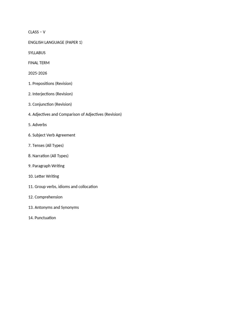 Class V English Syllabus 2025-2026 | PDF