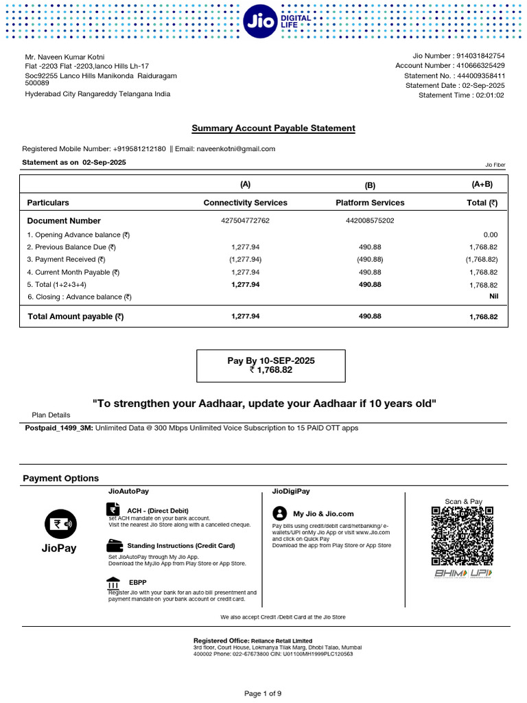 Jio Fiber Account Statement Summary | PDF | Debit Card | Payments