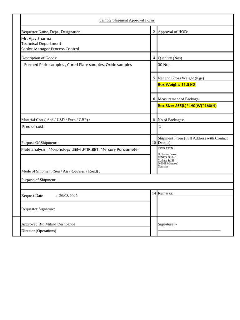 Sample Shipment Approval Form | PDF