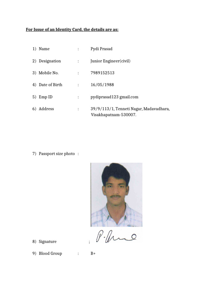 Identity Card Details for Pydi Prasad | PDF
