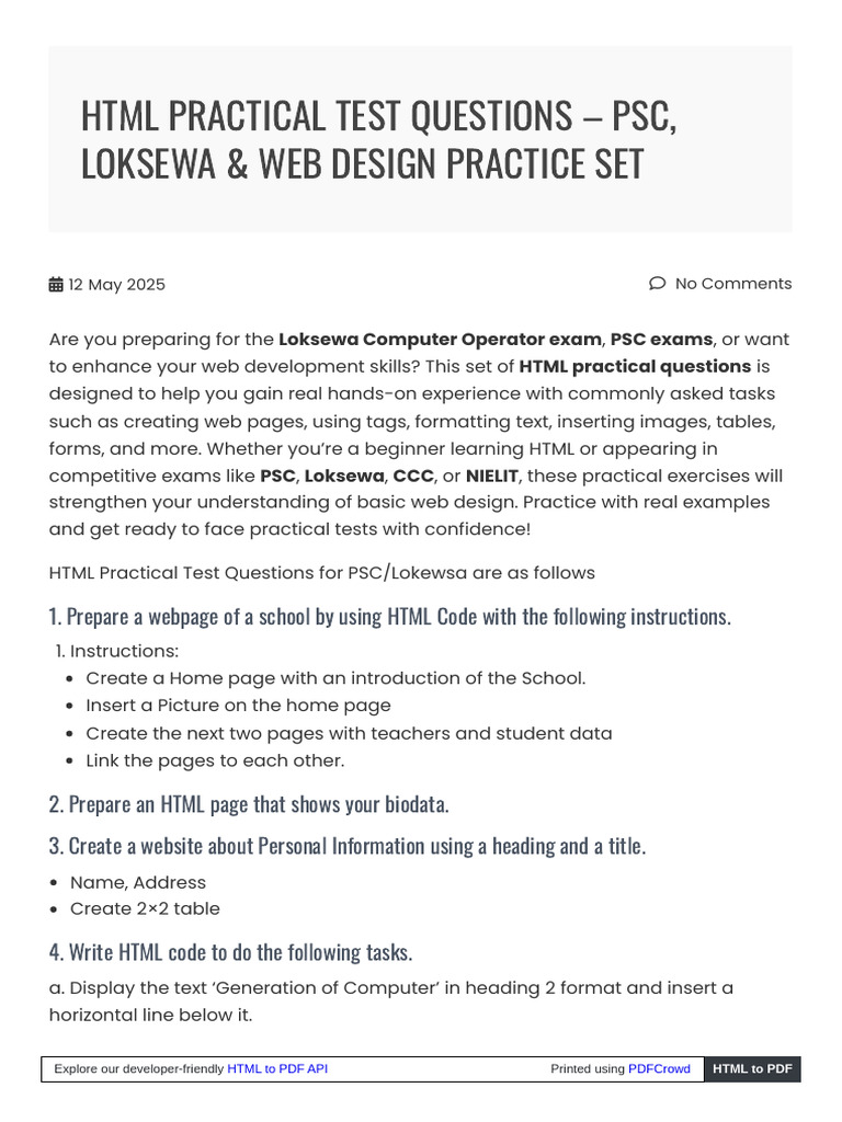HTML Practice Questions for PSC/Loksewa | PDF | Html | Web Design