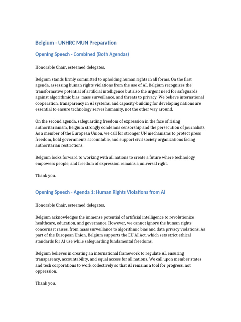Belgium UNHRC MUN Preparation | PDF | Intelligence (AI) & Semantics ...