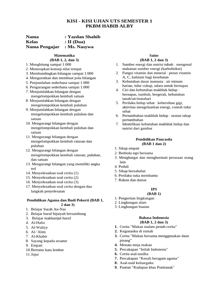 Kisi-Kisi Kelas 2 UTS 1 | PDF