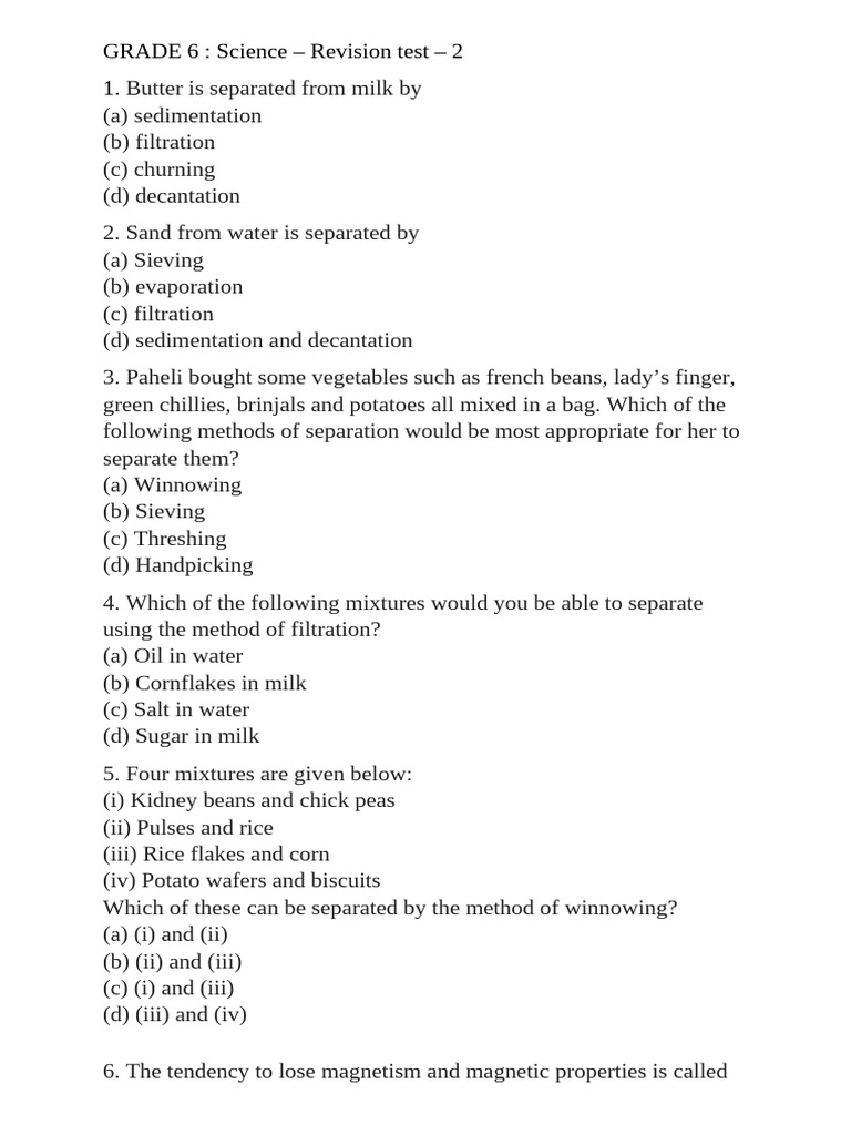 Grade 6 Science Revision Test 2 | PDF