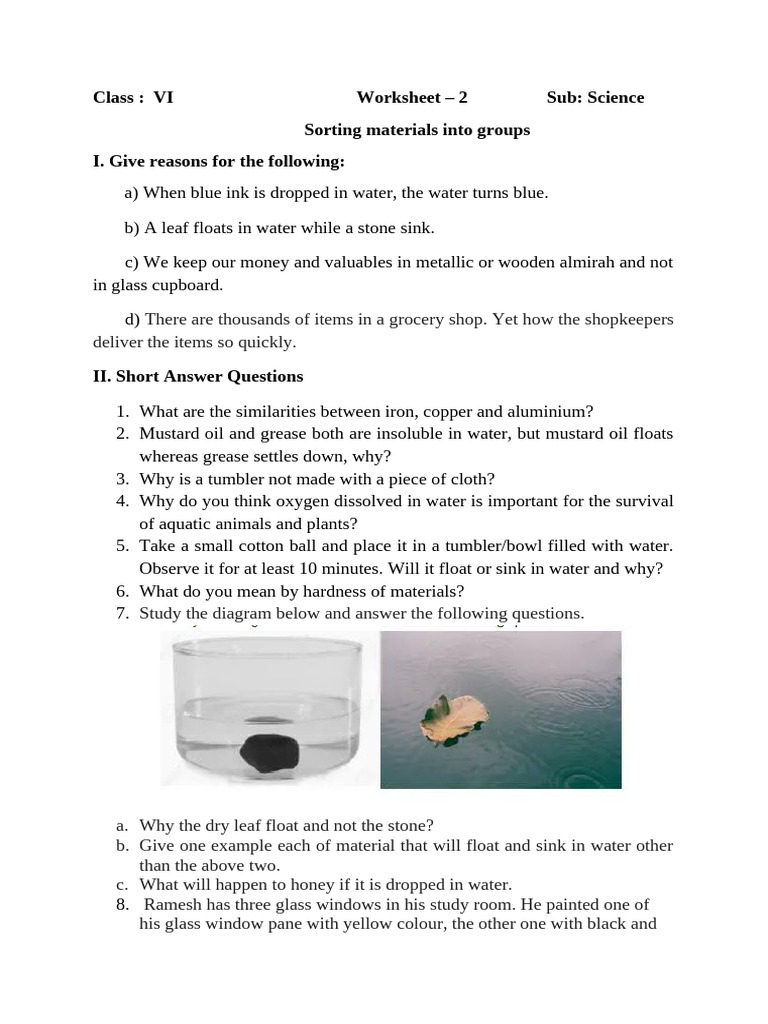 Sorting Materials - Worksheet 2 | PDF | Water