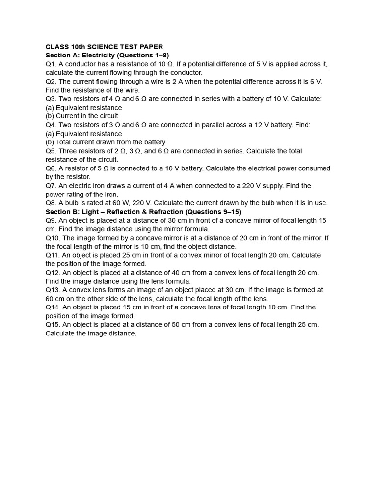 Class 10th Science Test Paper | PDF