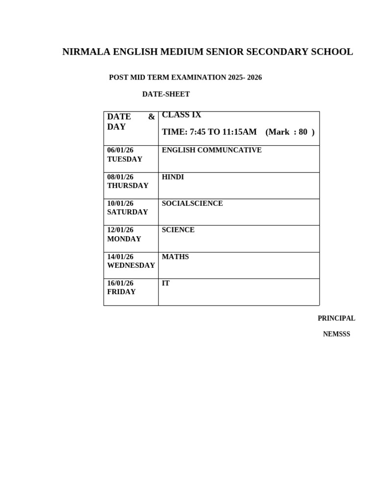 Nirmala School Class IX Exam Schedule | PDF