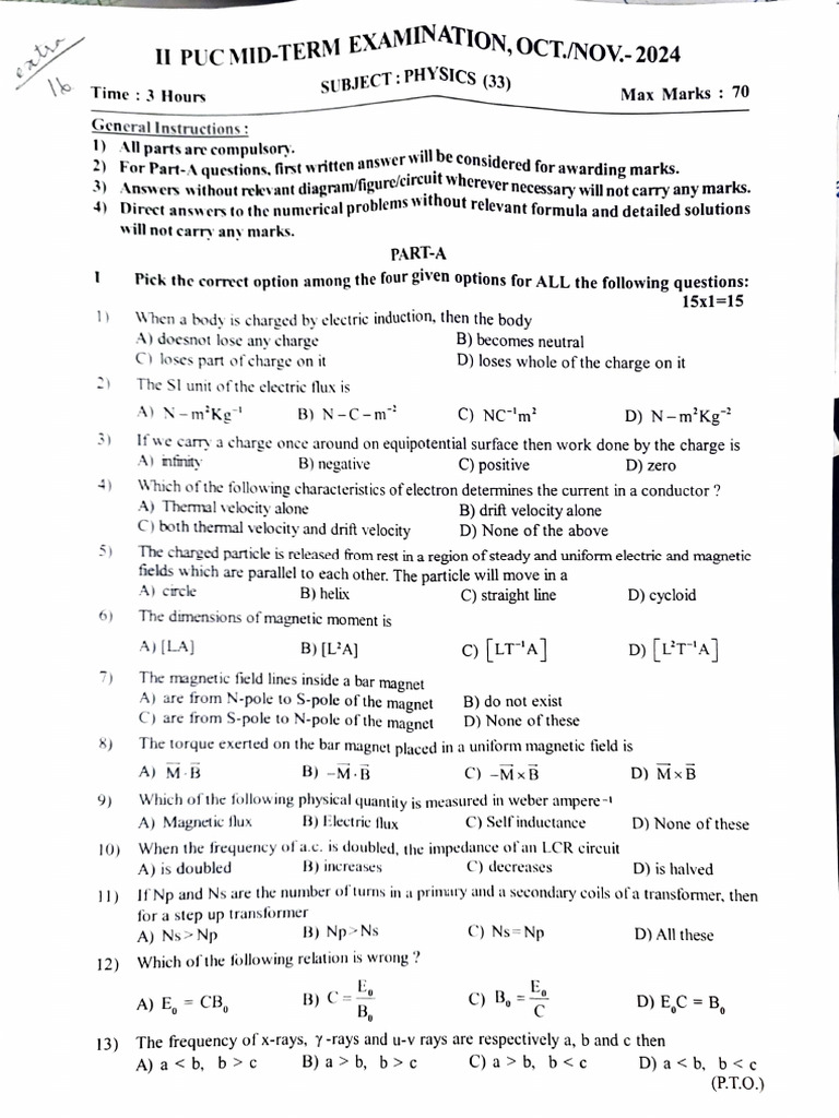 II PUC Physics Mid-Term Exam Guide | PDF | Magnetic Field | Transformer