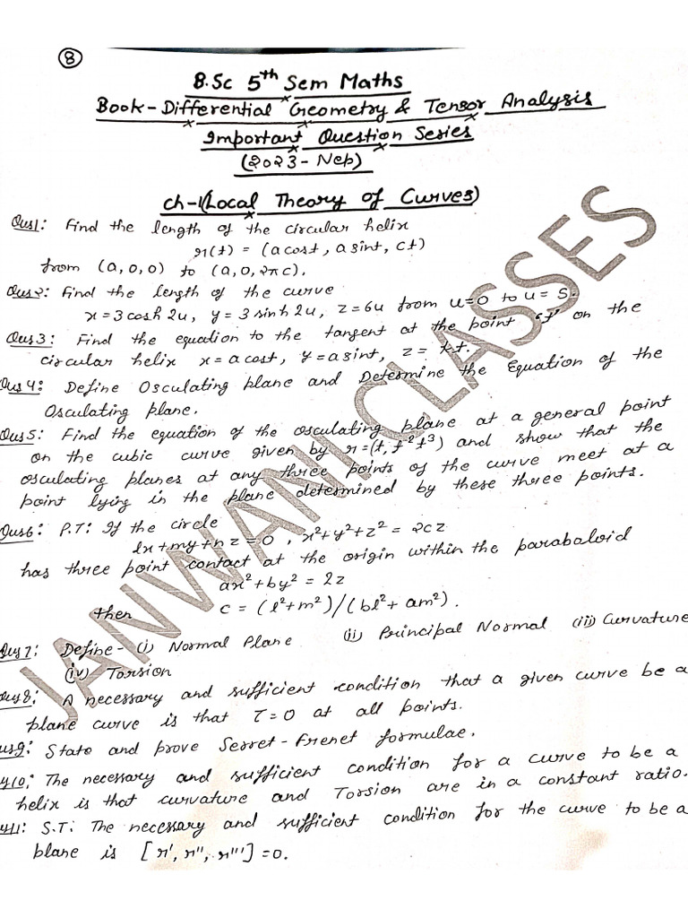 B.SC 5th Sem Differential Geometry and Tensor Analysis | PDF
