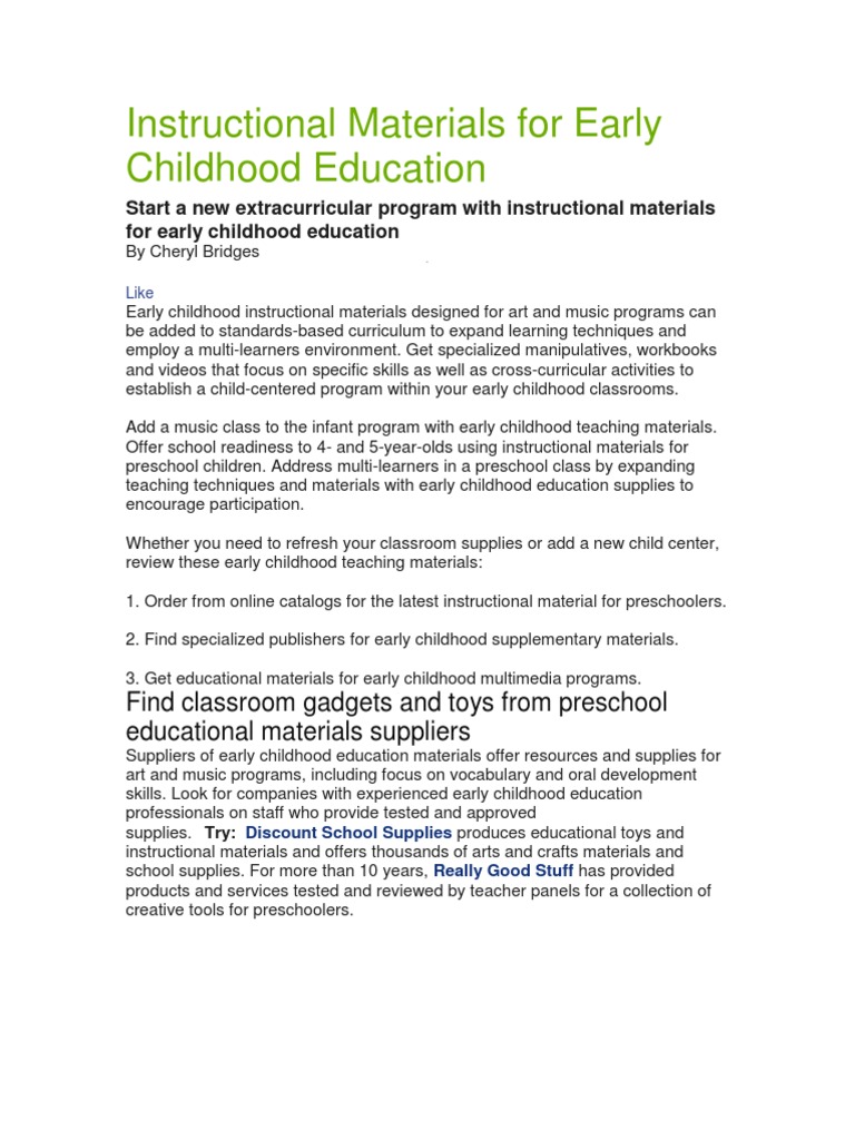 Instructional Materials for Early Childhood Education Learning To