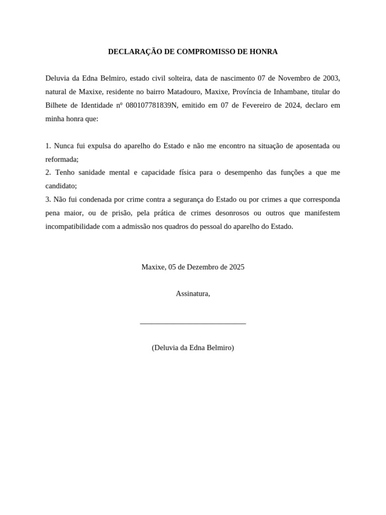 Declaração de Compromisso de Honra | PDF