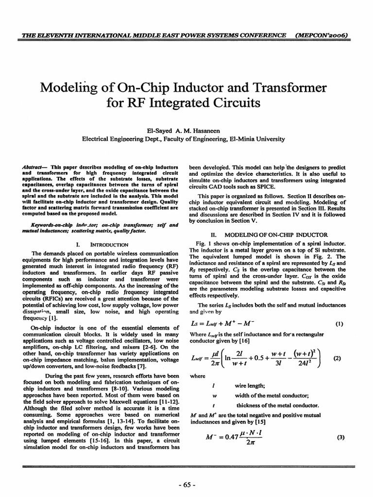 Modeling of On-Chip Inductor and Transformer For RF Integrated Circuits ...