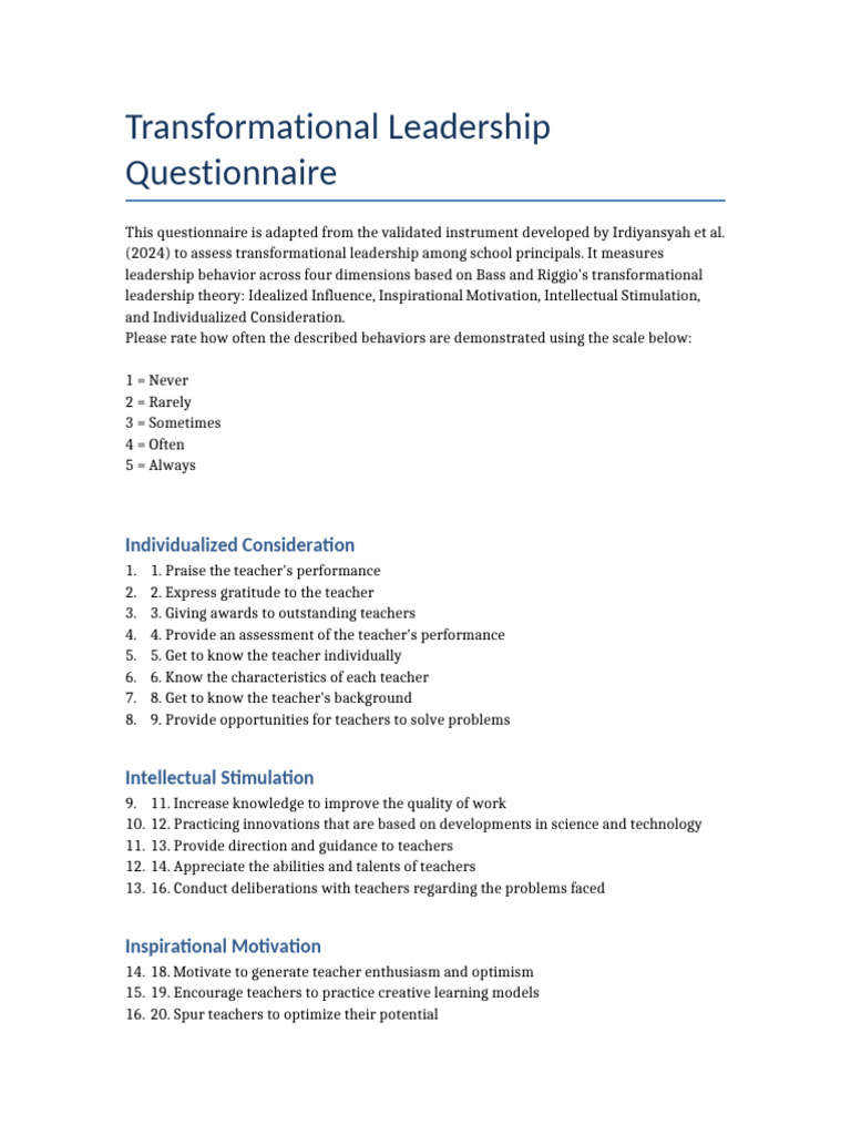 Transformational Leadership Assessment Tool | PDF