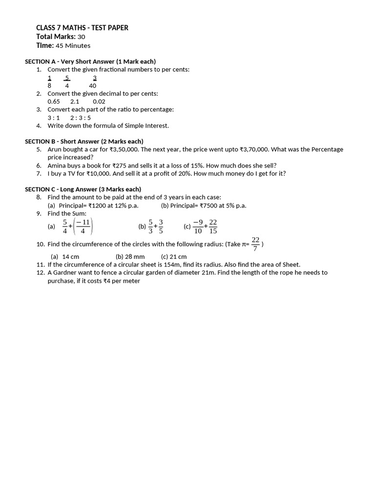Class 7 Maths Test Paper: Percentages & Geometry | PDF