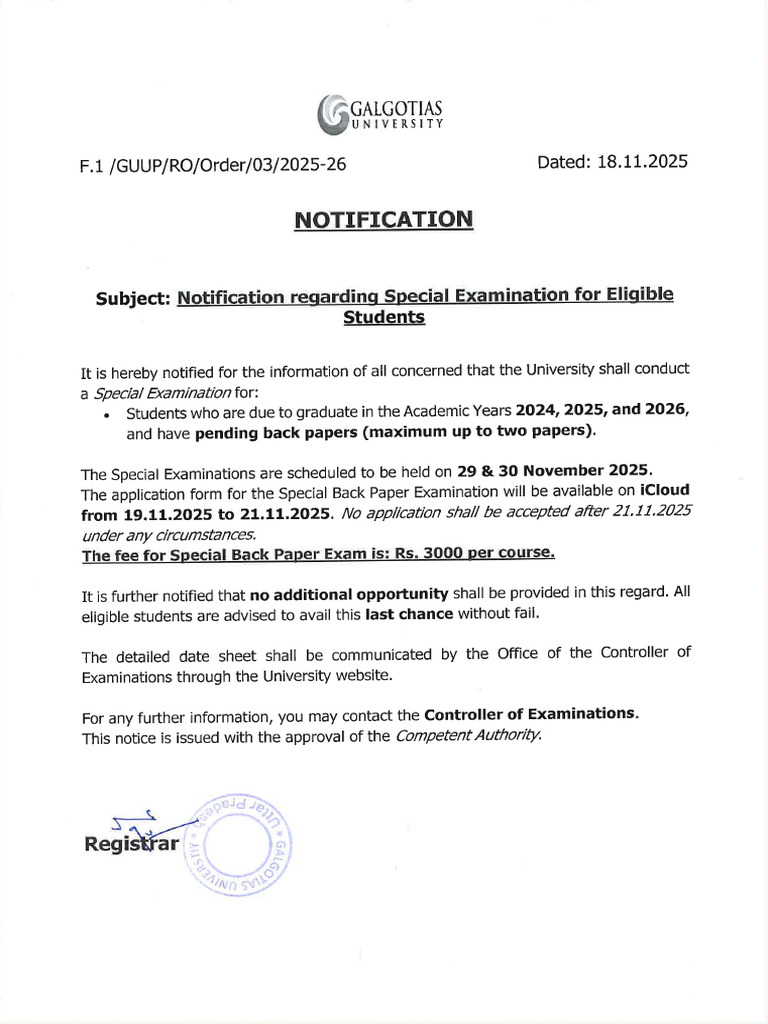 Notification for Special Exam November 2025 (1) | PDF