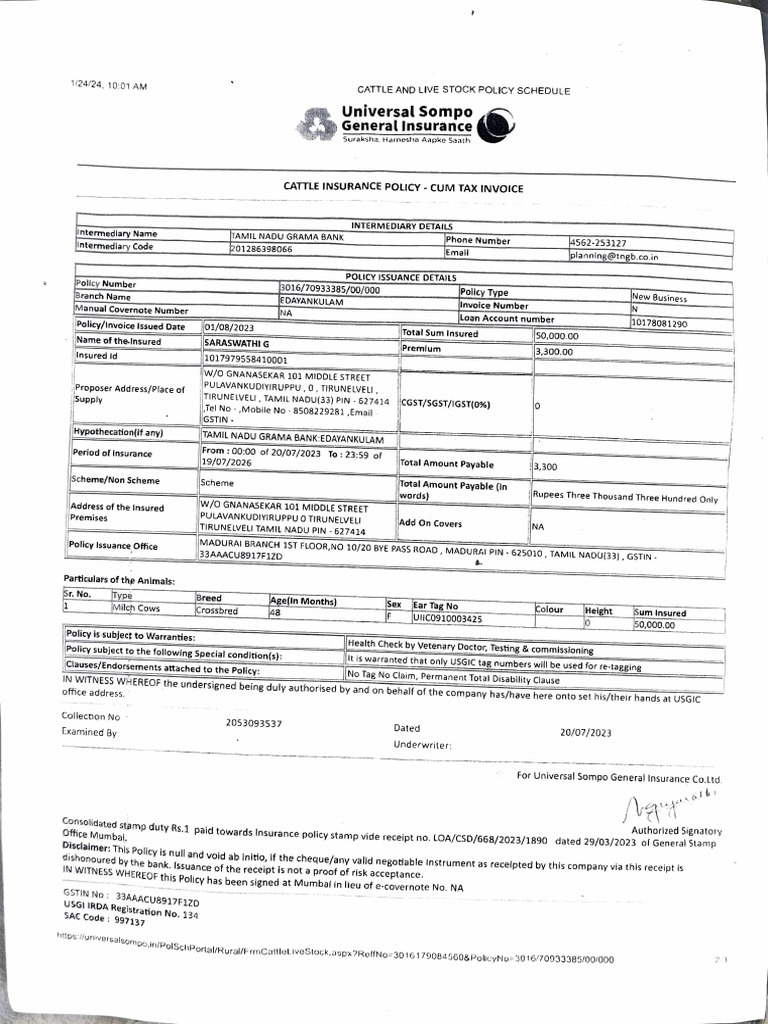 Cattle Insurance Policy Invoice Details | PDF