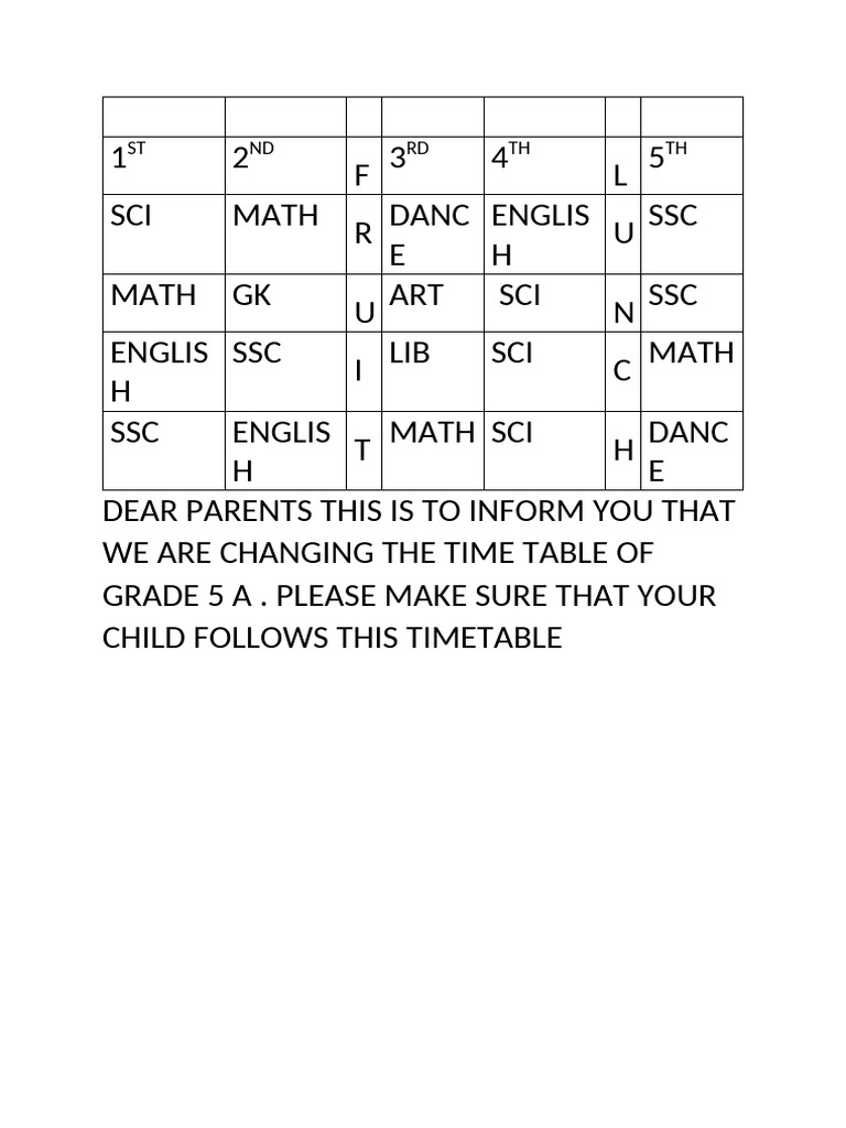 Grade 5A Timetable Update Notice | PDF