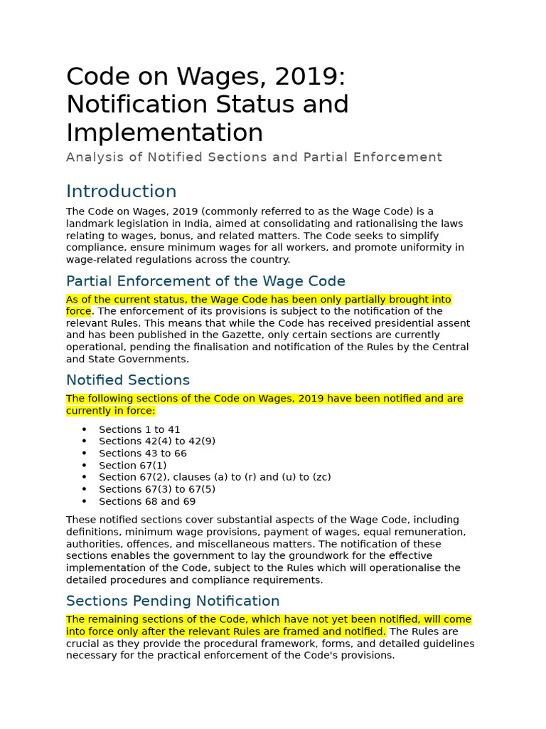 Wage Code 2019: Status & Implementation Guide | PDF | Employment | Wage