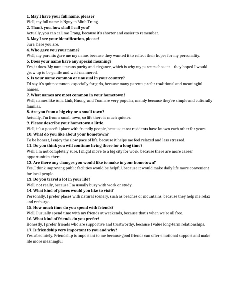 IELTS Speaking Part 1 Sample Answers | PDF