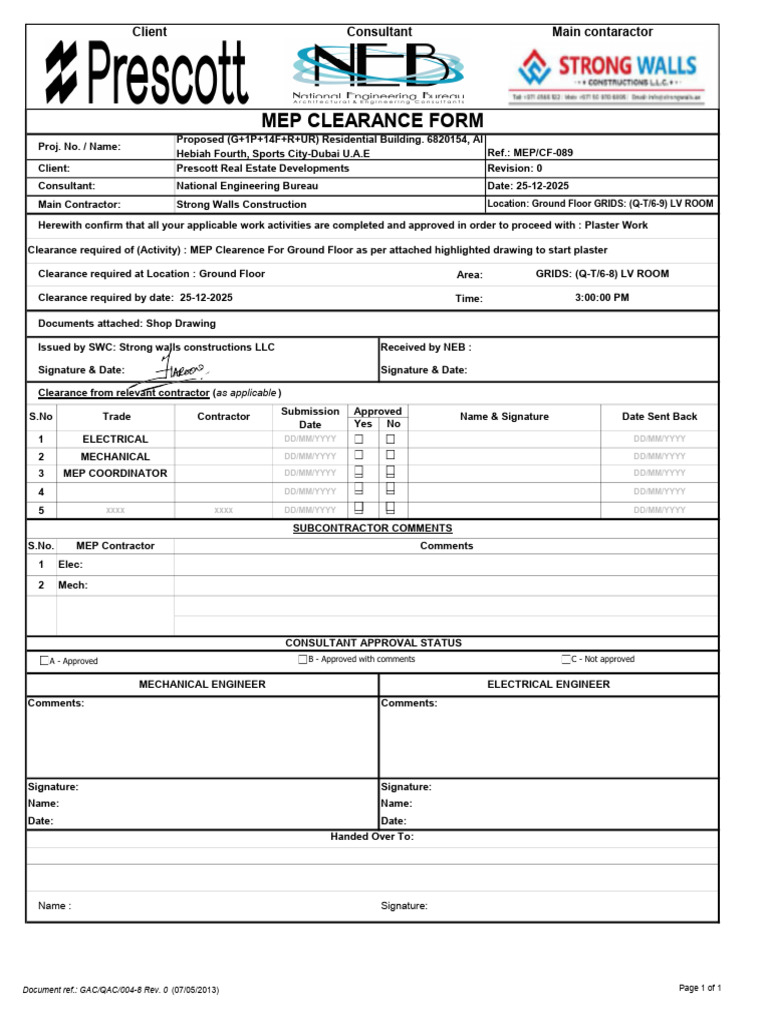 MEP Clearance Form for Residential Project | PDF | Engineering | Real ...