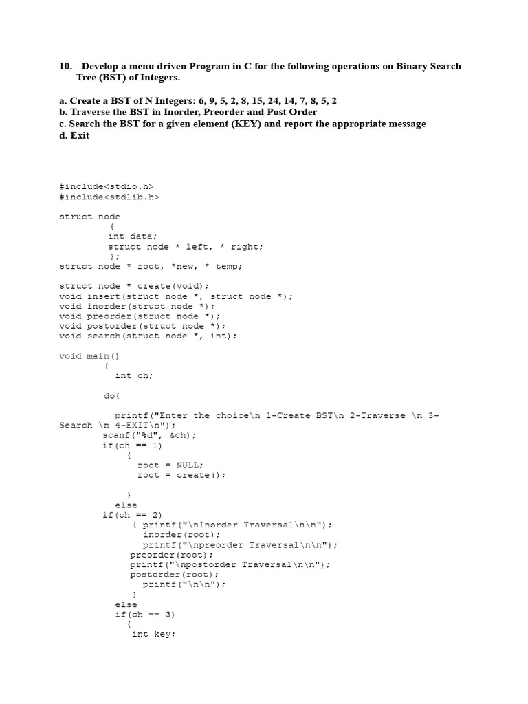 C Program for Binary Search Tree Operations | PDF | Algorithms ...