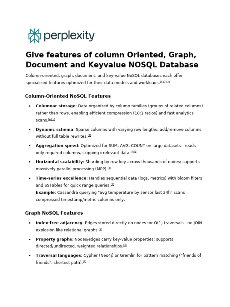 Give Features of Column Oriented, Graph, Document (1) | PDF | No Sql ...