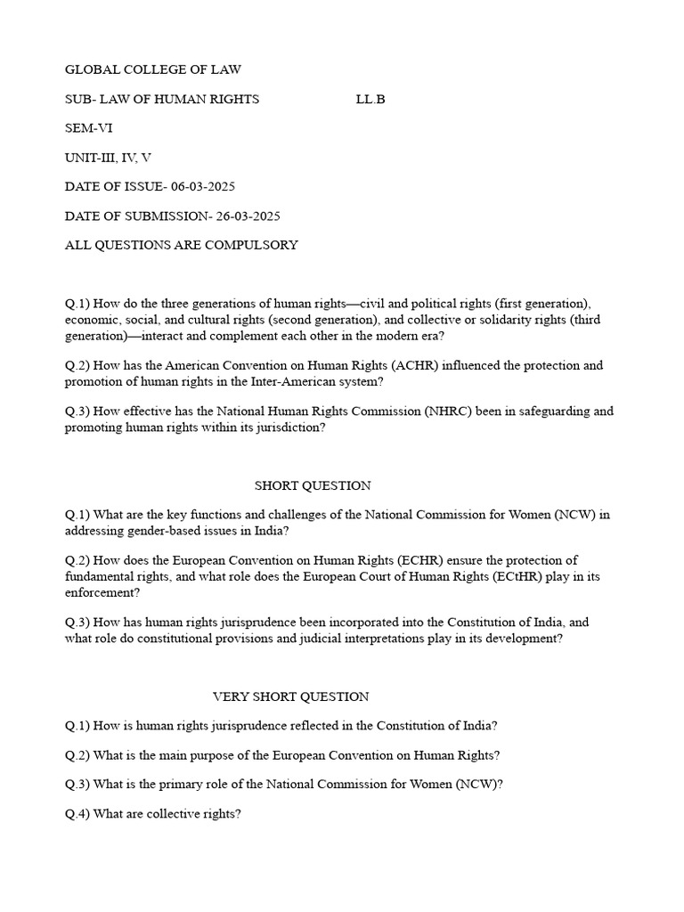 Human Rights Law Exam Questions | PDF