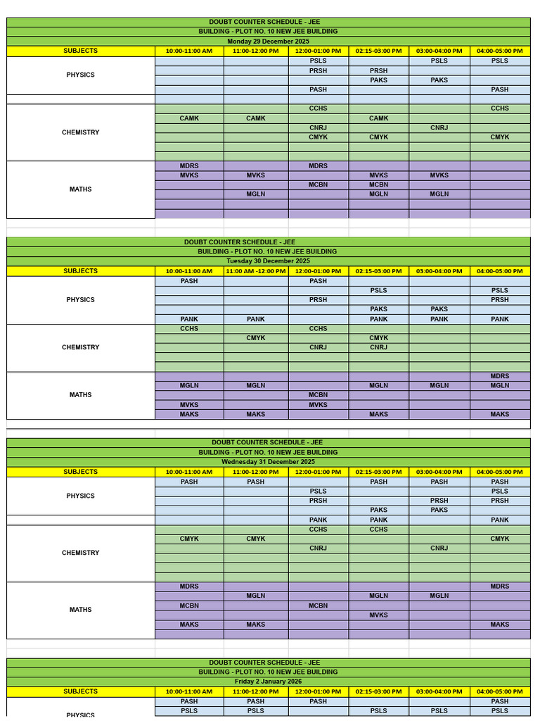 JEE Doubt Counter Schedule 2025-2026 | PDF