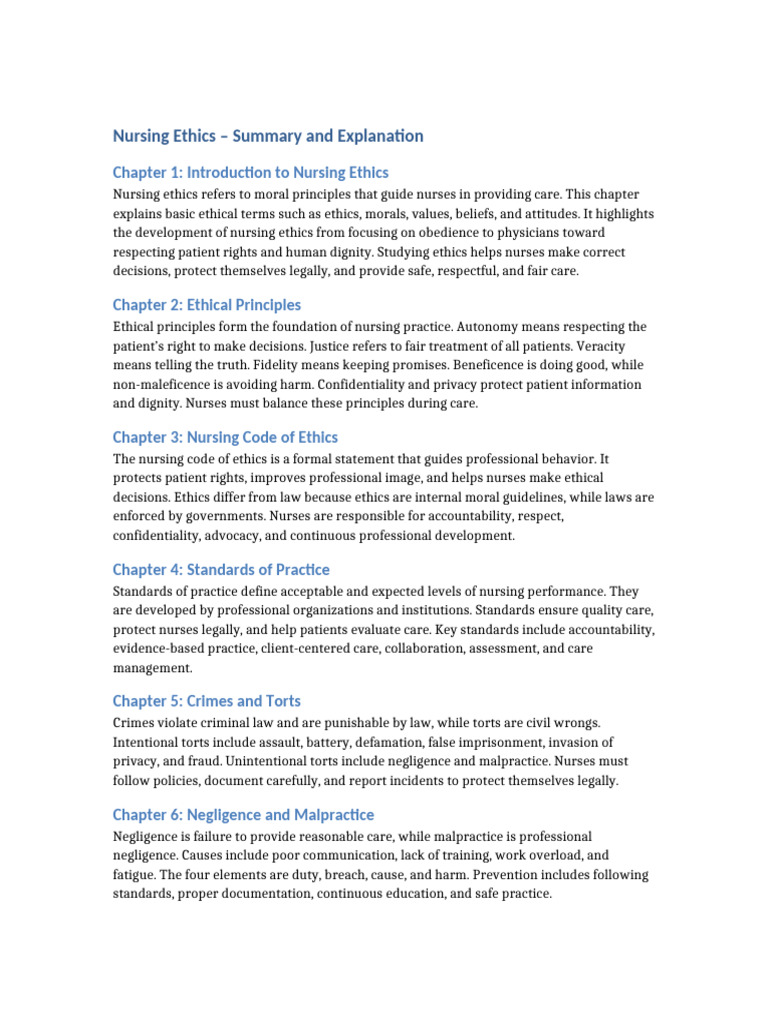 Nursing Ethics Summary and Explanation | PDF | Informed Consent | Nursing