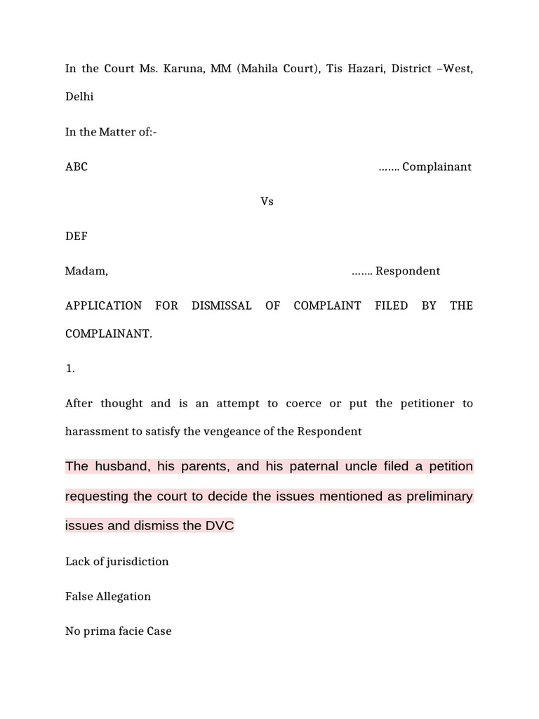 Dismissal Application in DVC Case | PDF