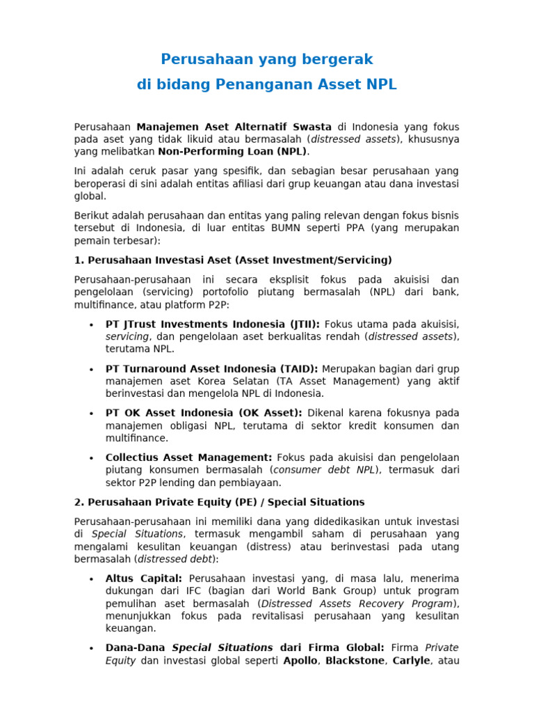 Perusahaan Pengelola NPL di Indonesia | PDF