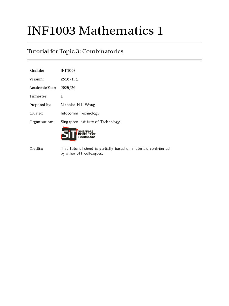 INF1003 Topic03 Combinatorics Tutorial v2510-1.1 | PDF | Mathematics ...