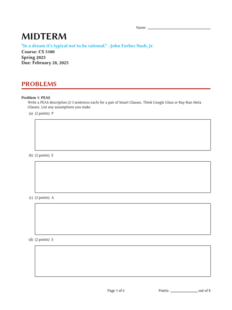CS 5100 Midterm Exam Spring 2025 | PDF | Theoretical Computer Science