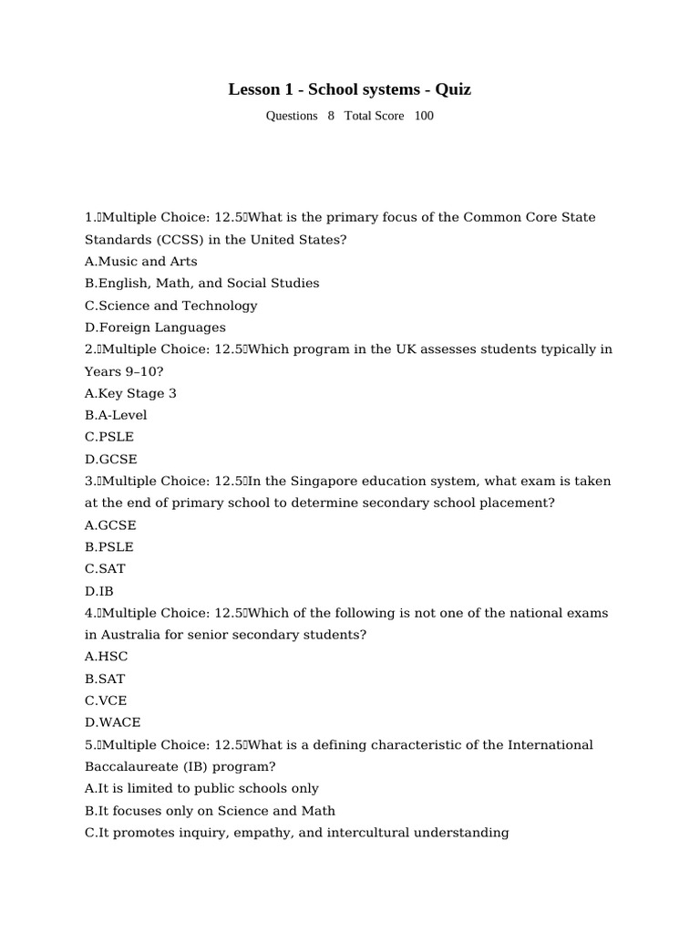 School Systems Quiz: Global Education Insights | PDF | Vocational ...