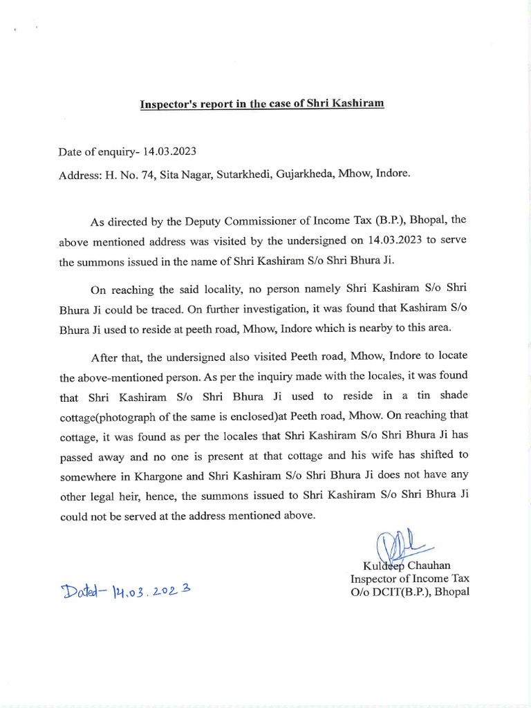 Inspector Report of Shri Kashiram | PDF