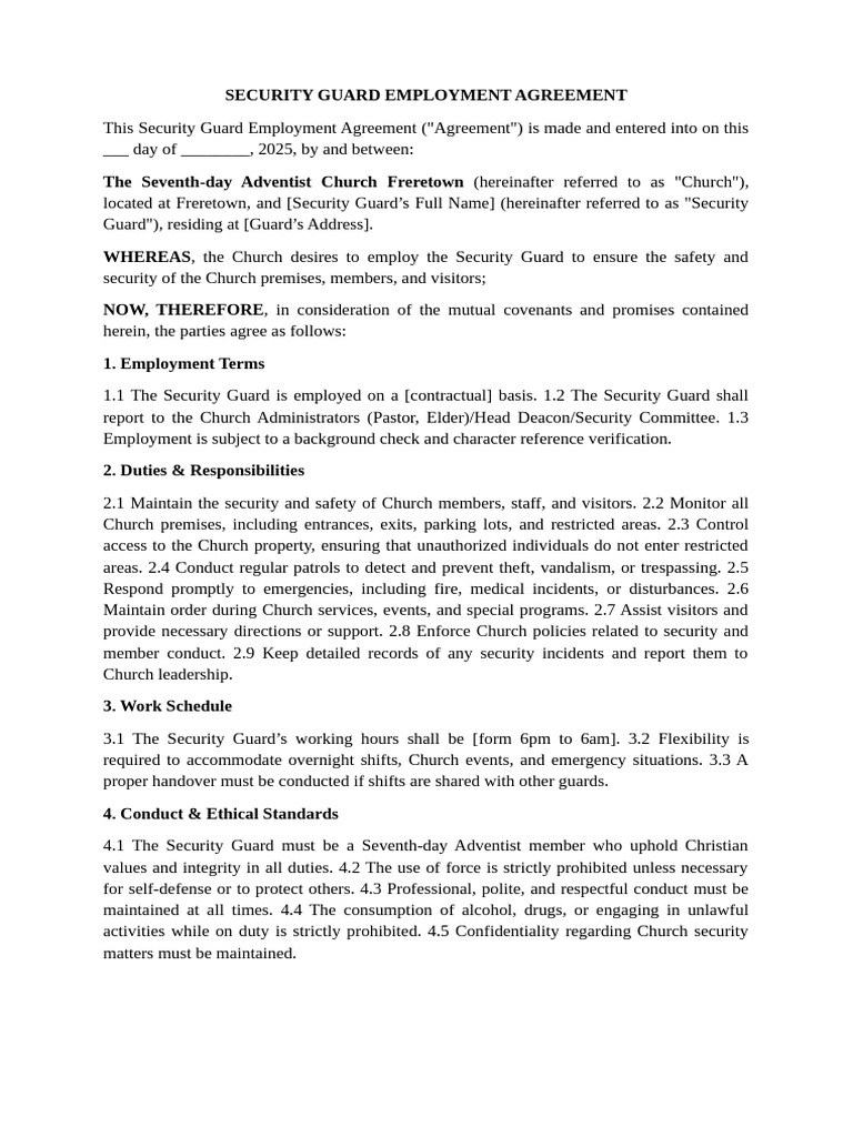 Security Guard Employment Agreement | PDF | Security Guard | Justice