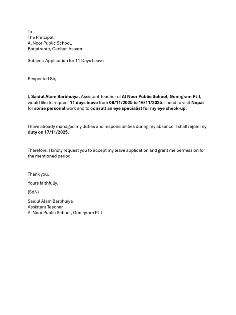 Leave Application for 11 Days | PDF