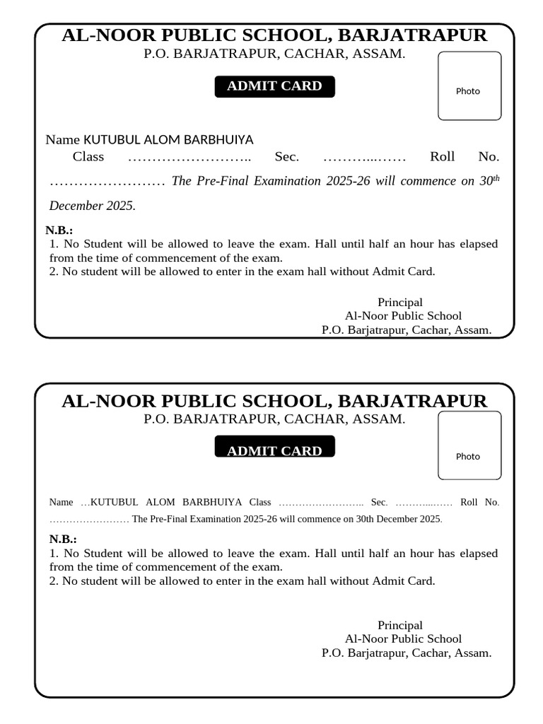 Admit Card With Name | PDF