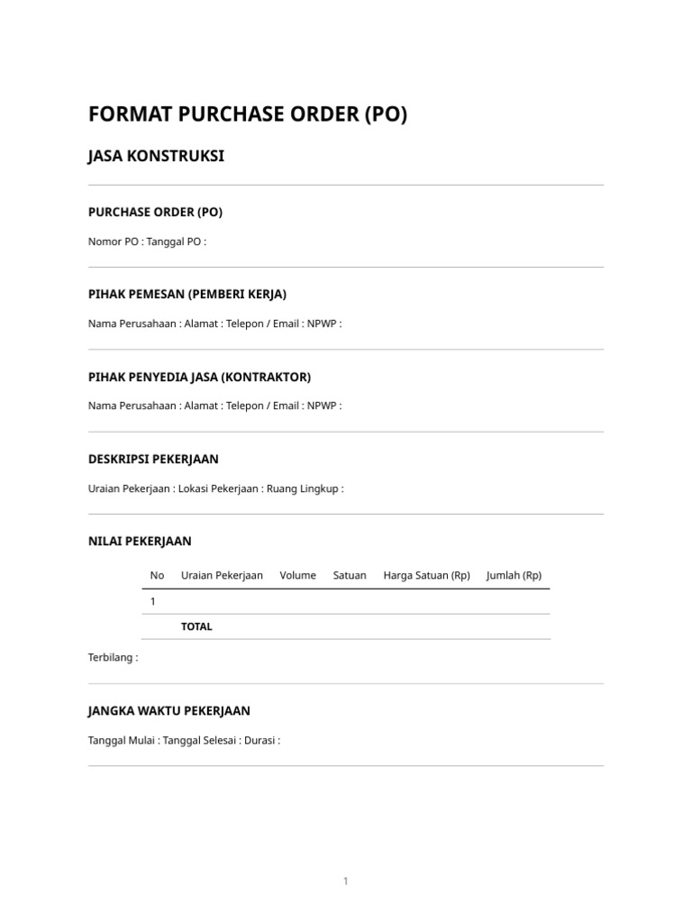 Format PO Jasa Konstruksi yang Efektif | PDF