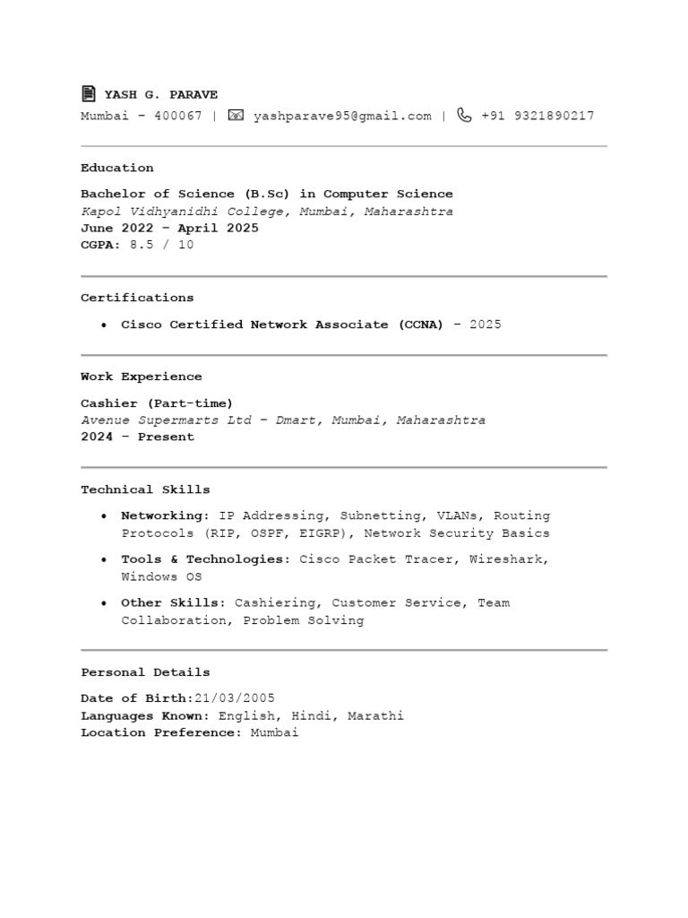 Mumbai Computer Science Student Resume | PDF