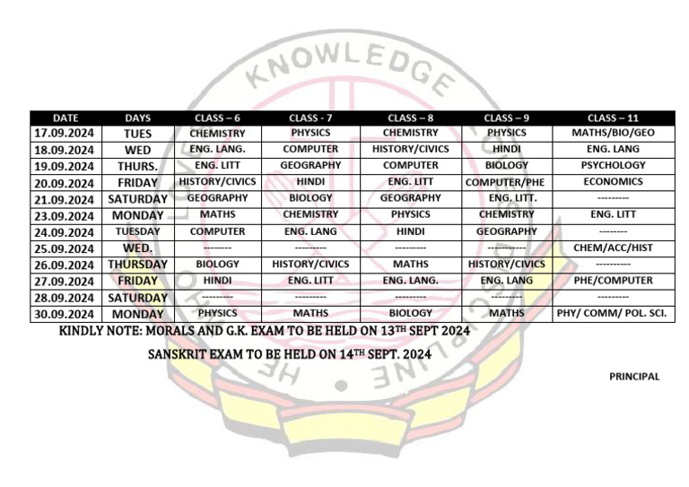 Half Yearly Date Sheet 2024 - Class 6, 7 & 8, 9 | PDF